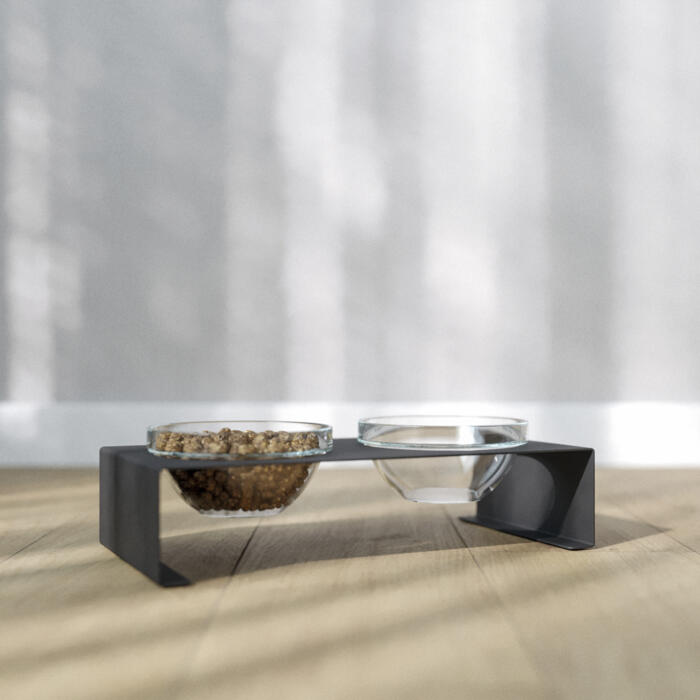 Подставка на две стеклянные миски для кошек и собак Glass Bar Bend M 350мл 7см черная-2