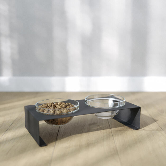 Подставка на две стеклянные миски для кошек и собак Glass Bar Bend M 350мл 7см черная